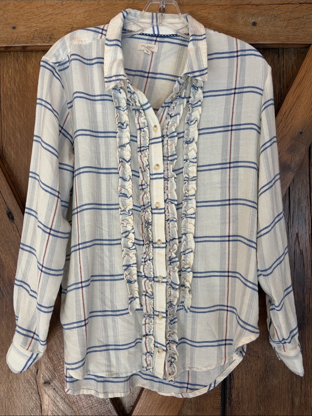 Pilcro Size Small Cream & Blue Plaid Ruffle-Front Button Down Shirt